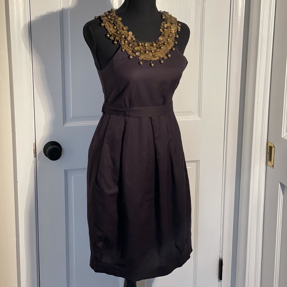 ANTHROPOLOGIE Black linen dress gold beaded collar - XS